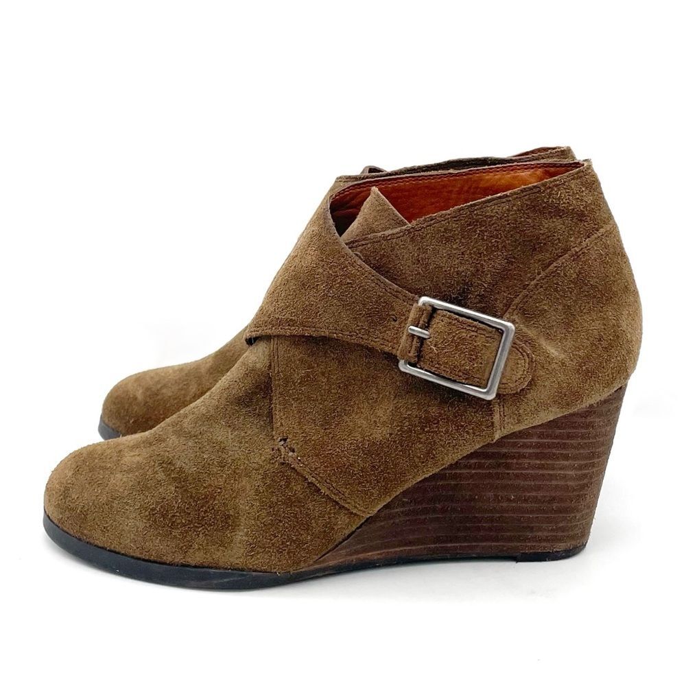 Lucky Brand Sumarah Cognac Brown Suede Buckled Monk Strap Wedge Bootie Size 8